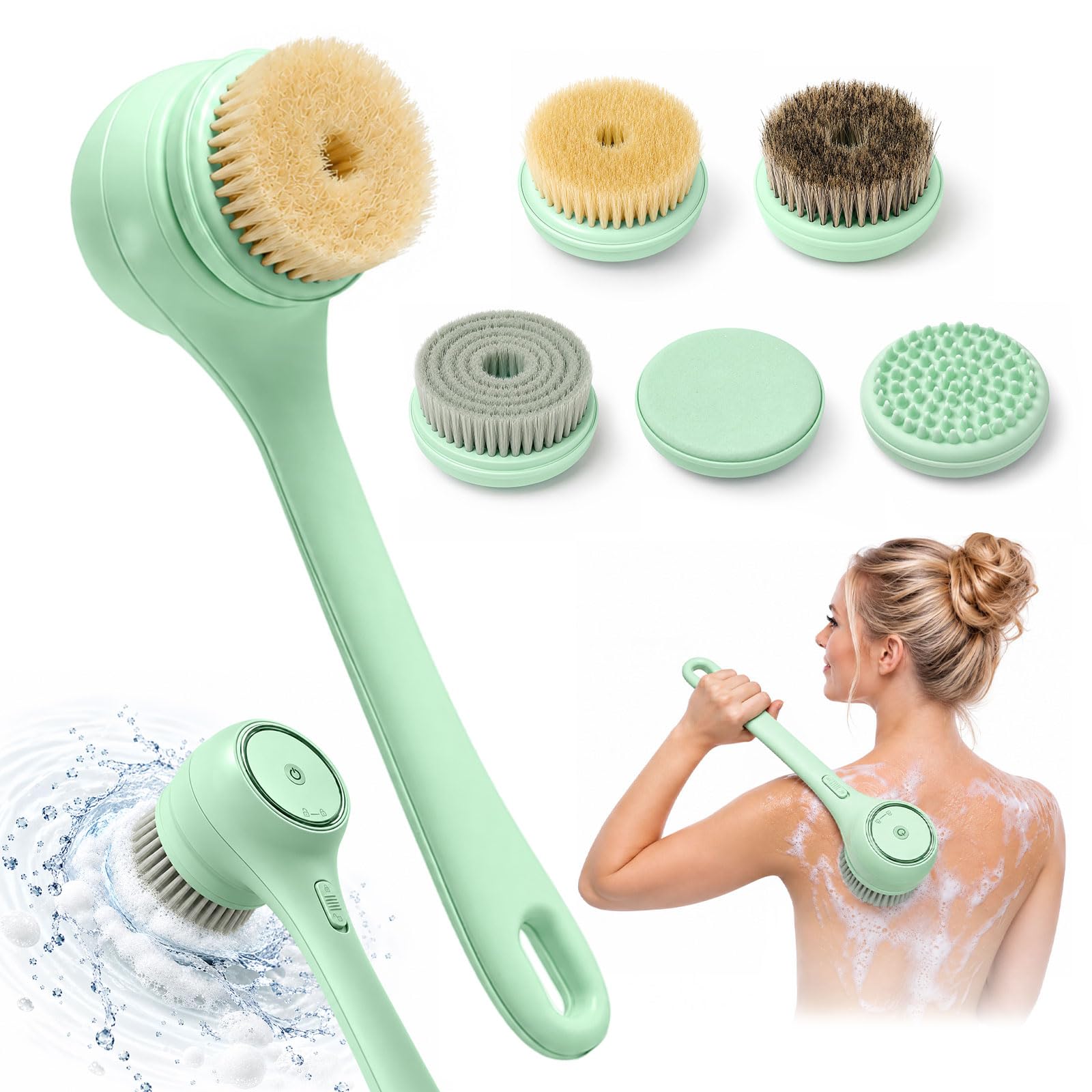 Spazzola elettrica per il corpo asciutto e doccia per la schiena, design rotante con manico lungo, kit spa impermeabile 5 in 1 per uomini e donne, massaggio linfatico ed esfoliazione