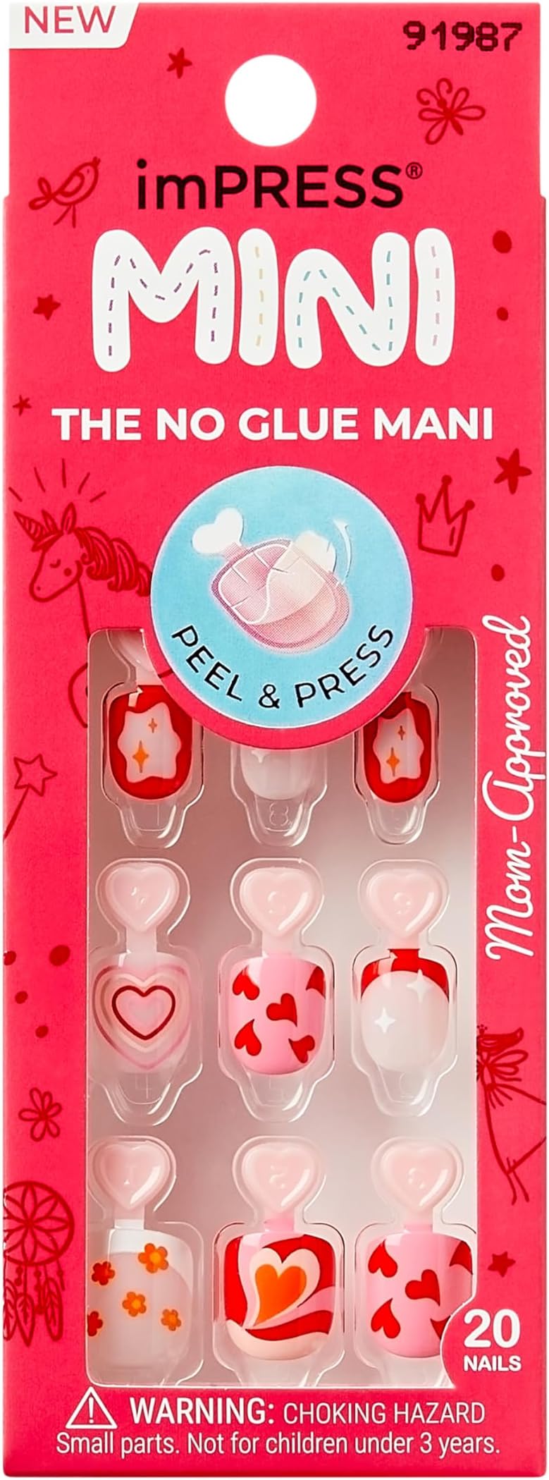 Kiss Impress No Glue Mani Press On Nails, Mini, 'Playground', Pink, Kids Size, Squoval Shape, Includes 20 Nails, 1 Mini File