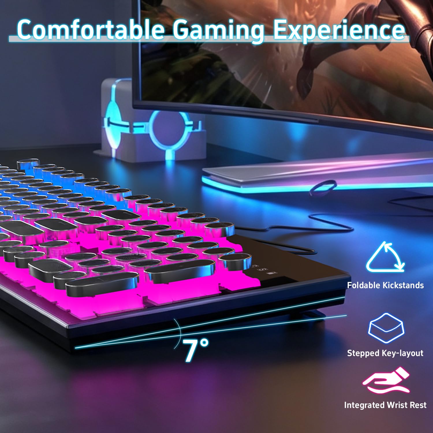 Ensemble de clavier de jeu mécanique punk bleu – Clavier USB filaire avec commutateurs bleus à clic, touches ABS, rétroéclairage RVB de couleurs mélangées avec souris et tapis de souris