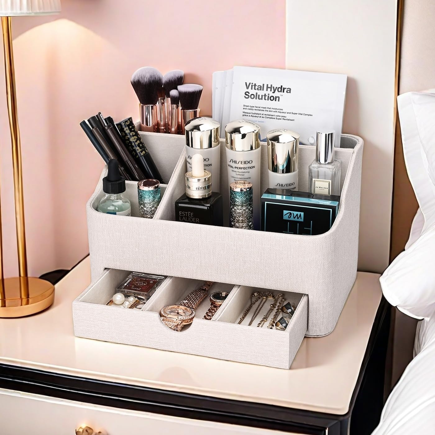 KINGFOM Leather Makeup Organizer with Drawer, Cosmetic Storage for Dresser Countertop and Bathroom Vanity, Beauty Holder for Lipstick Brush Skincare (Beige) - Image 4