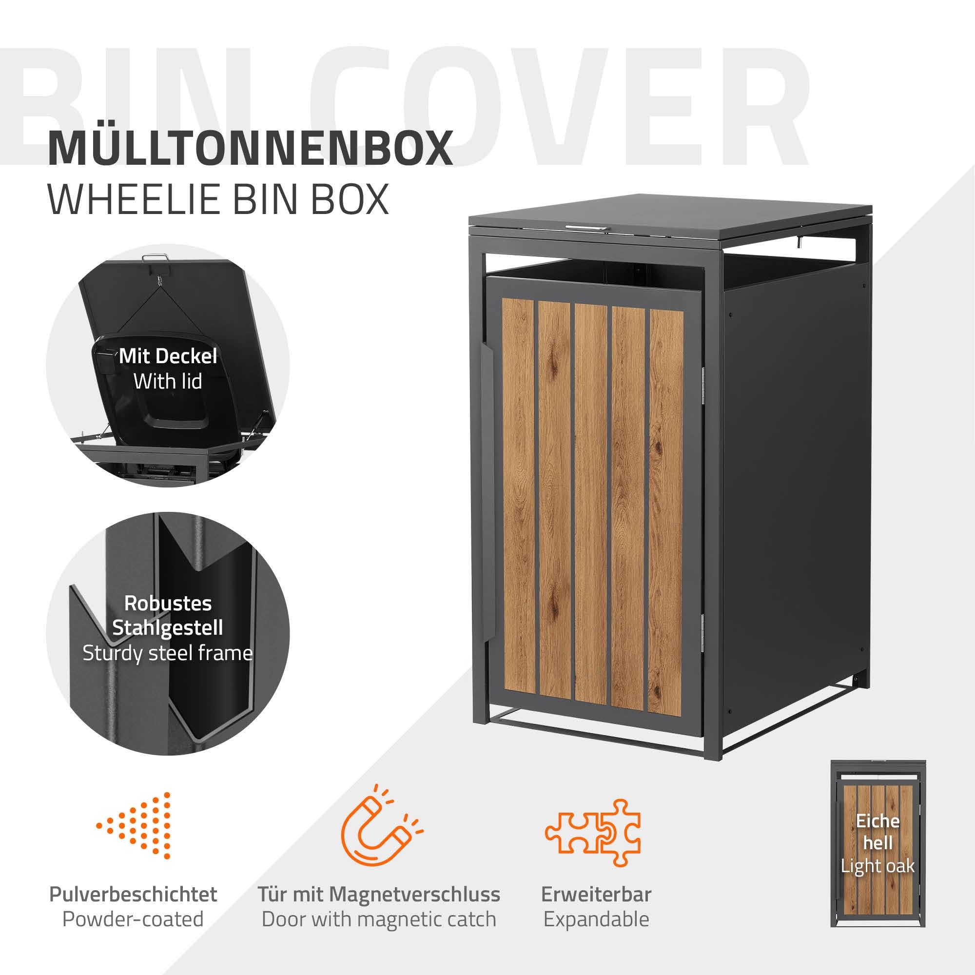 ML-Design Abri Cache 1 Poubelle, 68x80x120cm 240L, Anthracite Aspect Bois Claire, en Acier, Couvercle Rabattable et Porte Clôture, Protection Visuelle, Habillage Conteneurs, Résistant aux Intempéries