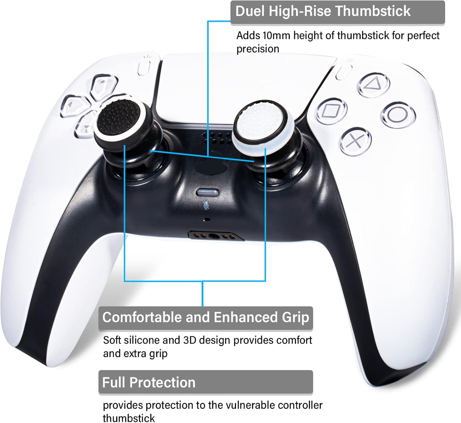 FPS Thumbstick Extender & Printing Rubber Silicone Grip Cover 2 Sets for PS5 Dualsenese & PS4 Controller (Black+Clear) - Image 2