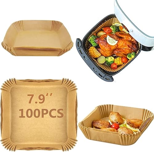 Forro de papel desechable para freidora de aire, 100 revestimientos cuadrados antiadherentes para freidoras de aire, papel para freidora de aire,