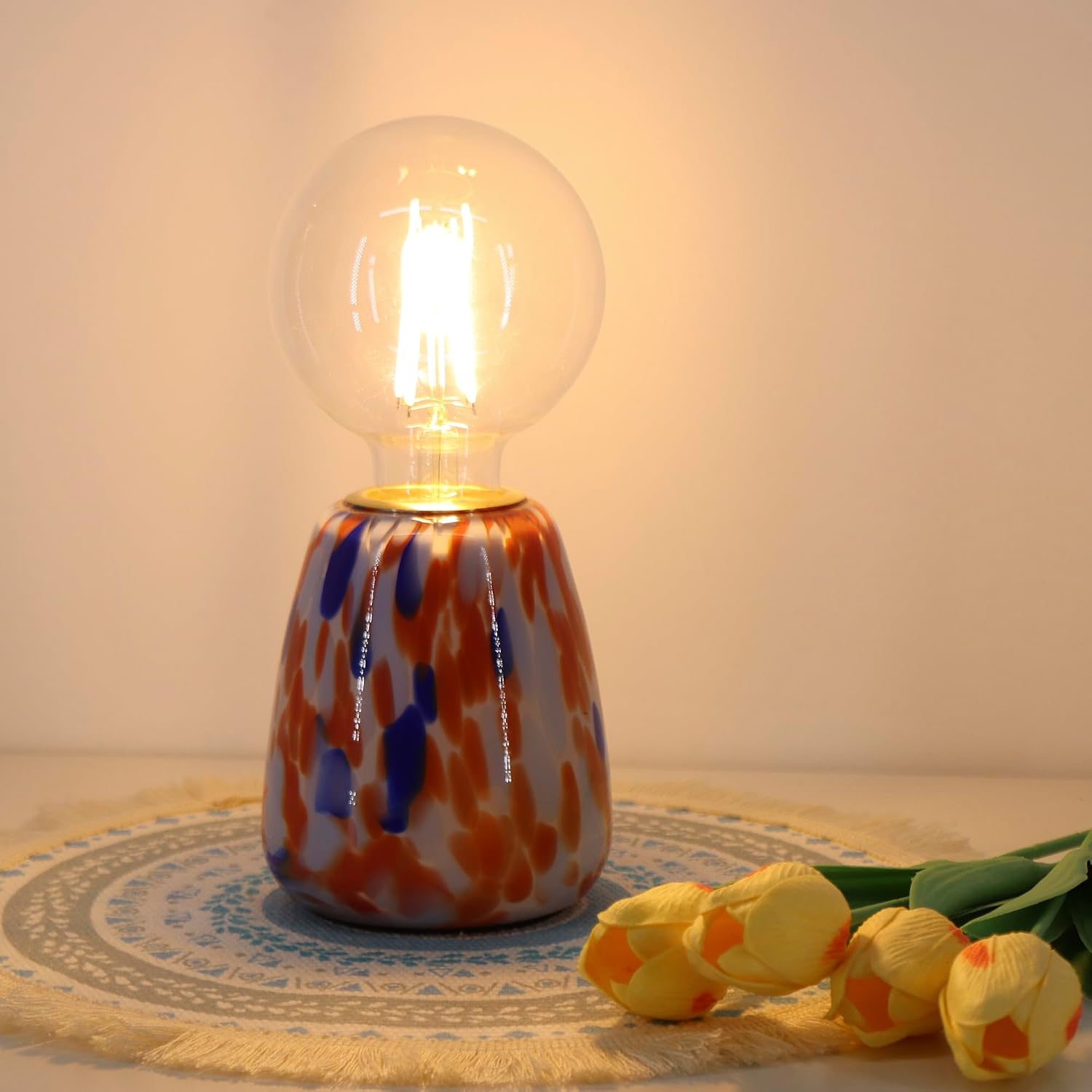 Mini Modern Glass Bedside Table Lamp, 4 x 4 x 9 Inch Nightstand Lamps, with Spherical Bulb Round Side Table Lamps for Bedroom Living Room Entryway Night Light (Blue Red Glass Base)