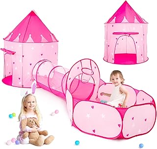 3pc Kids Play Tents for Girls with Ball Pit, Play Tunnel, Princess Tent for Kids, Toddler Pop Up Crawling Toys for Girl, K...