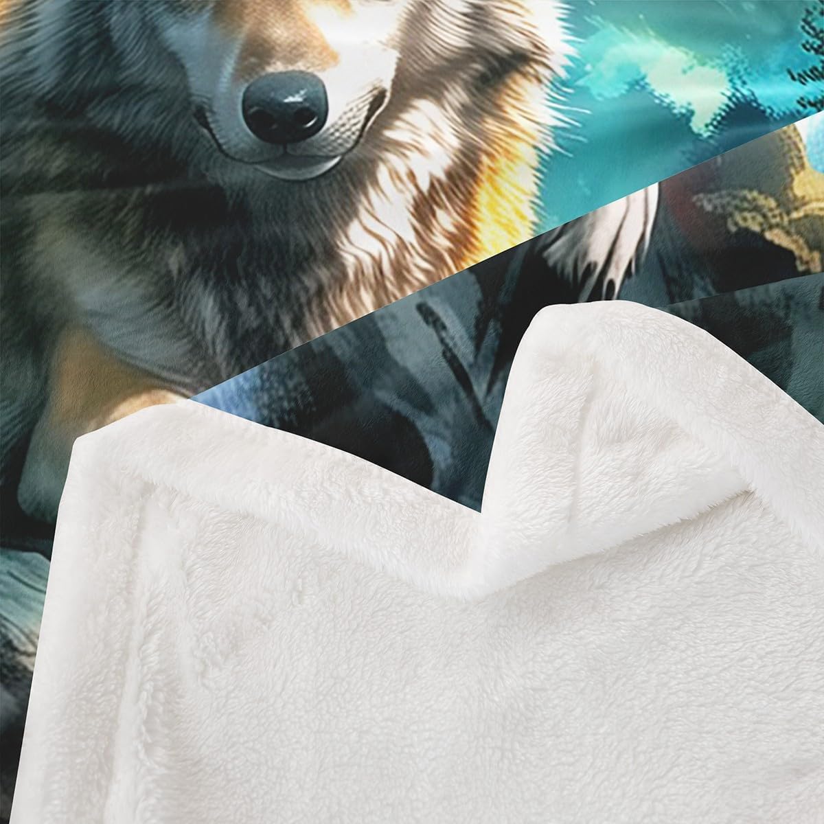 Feelyou Wolf Sherpa Blanket Queen 90"x90" Mountain Moon Wolves Fleece Throw Blanket for Bed Sofa Couch Wild Animals Plush Blanket Fantasy Wildlife Print Fuzzy Blanket