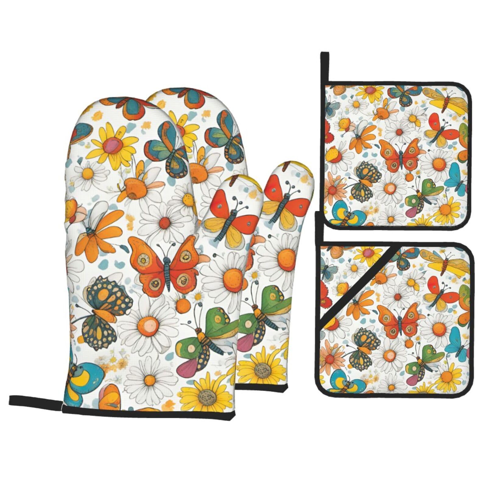 Butterfly Daisy Print 4-Piece Oven Microwaving Set Waterproof Kitchen Gloves for Baking Grilling Cooking