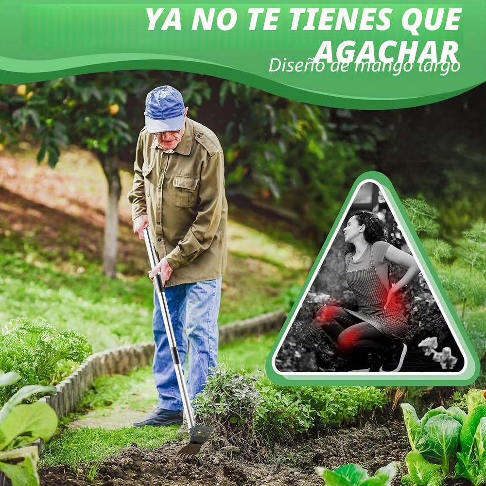 Extractora de Malas Hierbas con Mango Largo de 180 cm,Rastrillo de Azadas de Jardín 2 en 1 para Desmalezar,Quitar Malas Hierbas Jardin Mango Largo,Herramientas de Jardín para patio,césped,patio,jardín