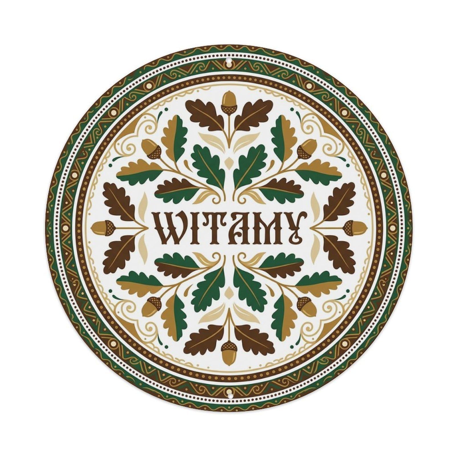 Vintage Polish Folk Art Witamy Welcome Oak Leaves Metal Tin Sign