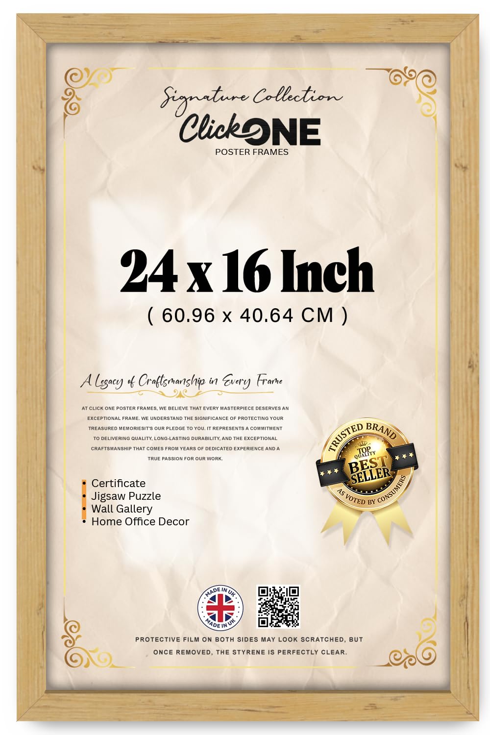Click One Pine Photo Frame 24 x 16 Inches Poster Display with UV Protection Acrylic Hanging Hardware for Wall Mounting Display Picture Vertically or Horizontally MDF backboard