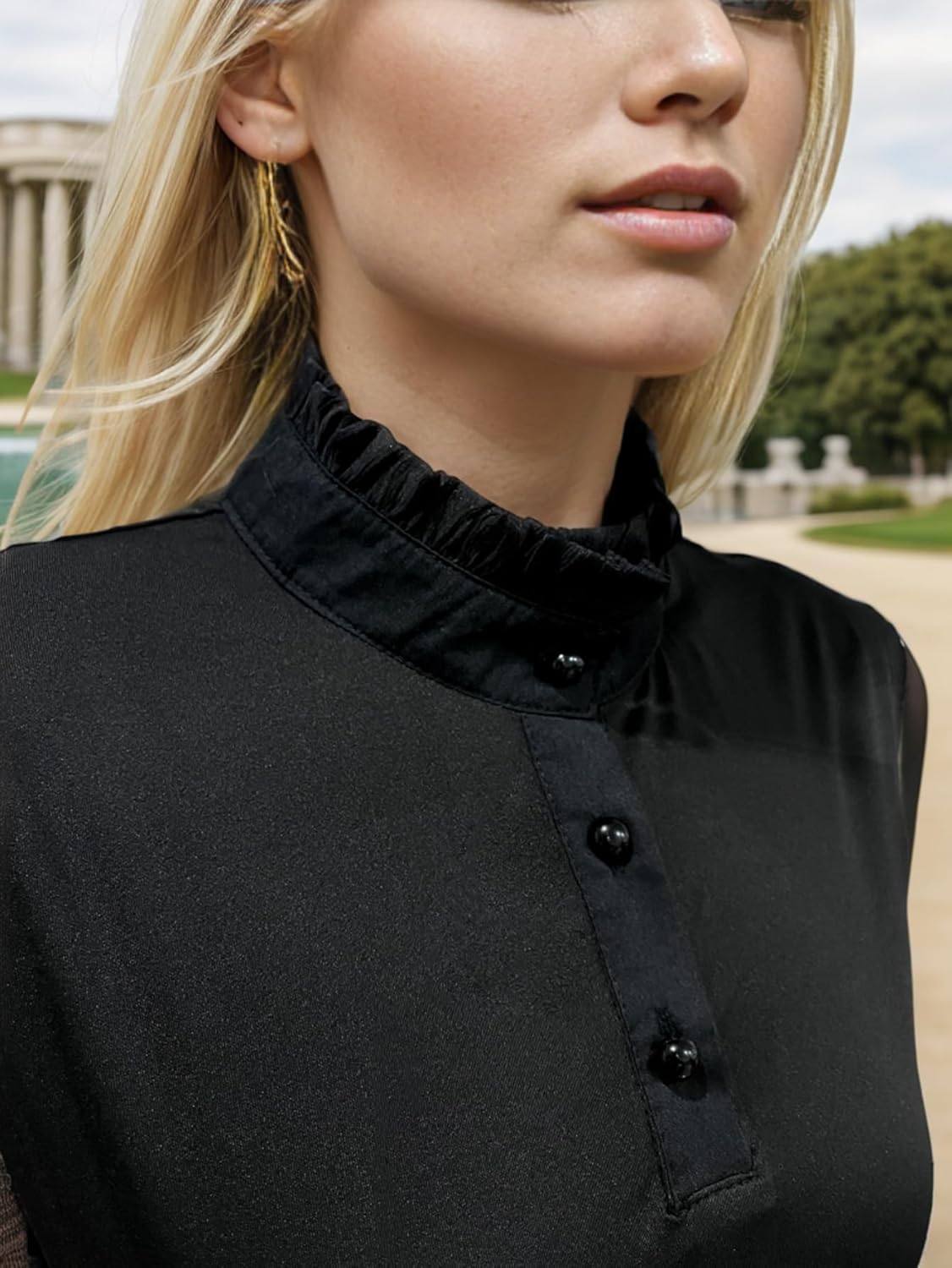 Elastic Knit Fake Collar Chiffon Pleated Lace Ruffle Collar Trim and Faux Pearl Buttons Dickey Collar for Women - Image 2