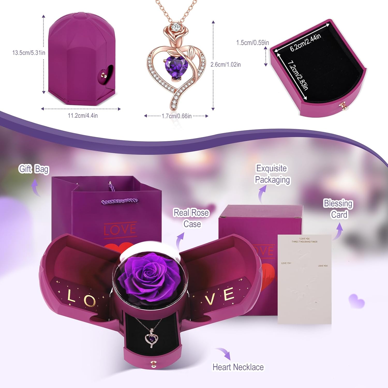 Forever Love Eternal Dried Preserved Roses Artificial Flowers Birthday Valentines Day Fresh Single Glass Roses In A Box Gifts Grandma Rose Heart Necklace For Women Wife Mom Her Girlfriend Grandma - Image 5