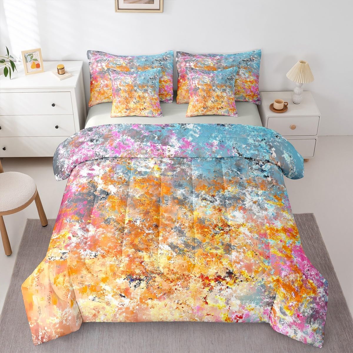 Erosebridal Floral Comforter Set with Sheets Full Size Flowers 7-Piece Bedding Set for Kids Girls Boys Bohemian Garden Rainbow Rustic Cartoon Pink Yellow Lightweight Bed in A Bag