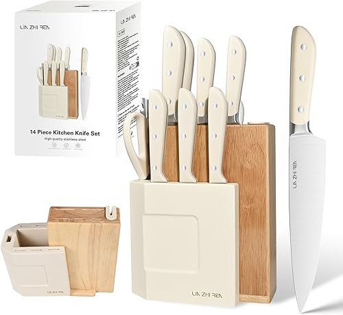 Miniatura 9 de Juego de cuchillos de 13 piezas, juego de cuchillos de cocina, juego de cuchillos de acero inoxidable blanco con afilador para picar, rebanar, 13