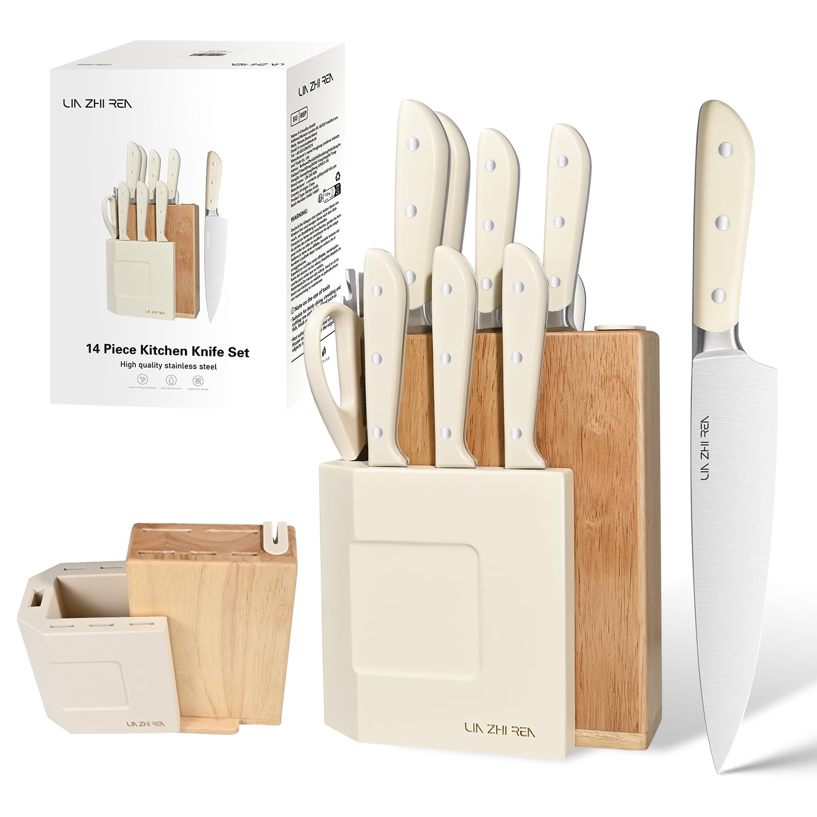 LIN ZHI REN Knife Set with Detachable Block, 14 Pieces, Kitchen Knives for Chopping, Slicing, Dicing Cutting and Peeling, White — image 1
