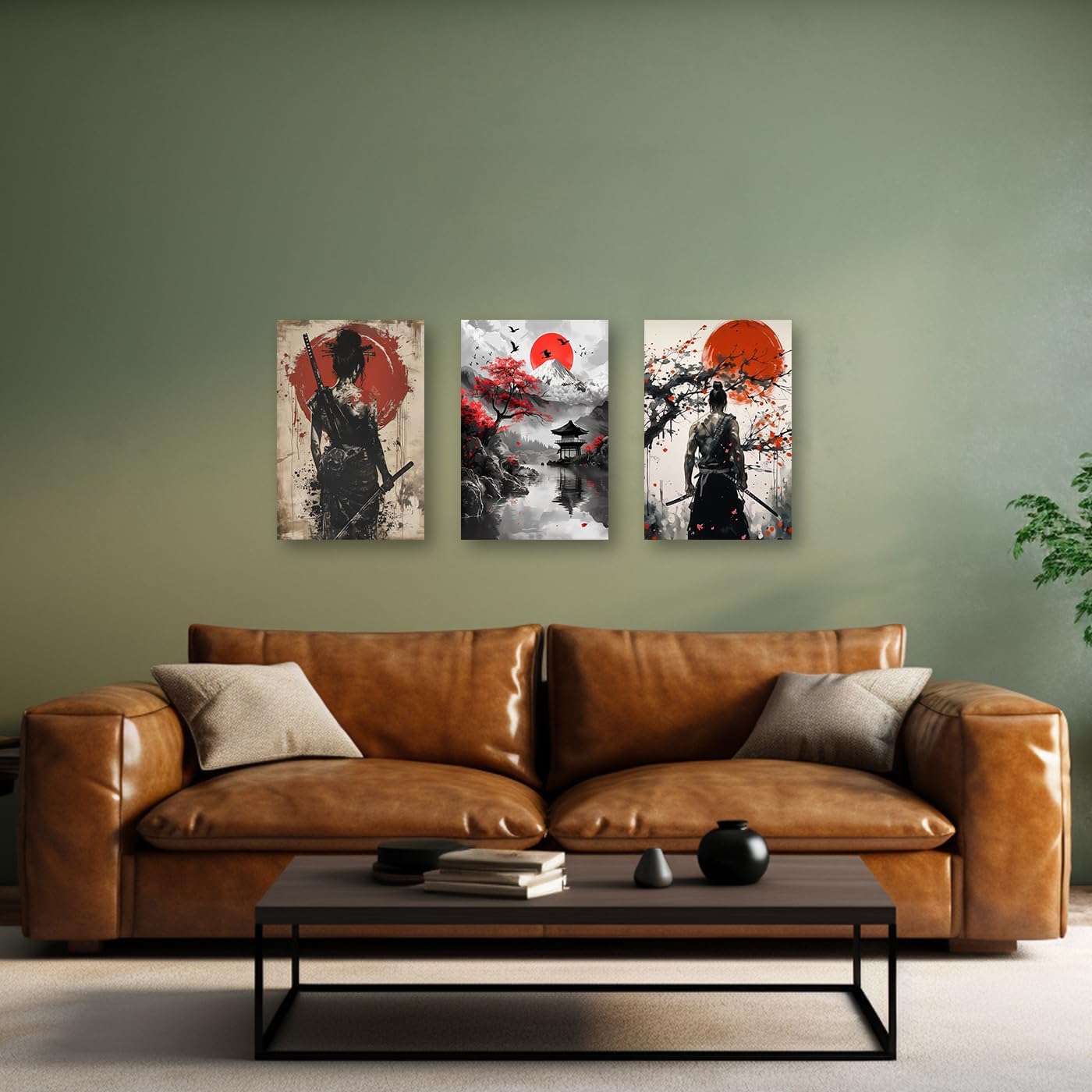 PBXBJY 3 Pieces Samurai Canvas Wall Art Japan Samurai and Full Moon Pictures Japanese Theme Painting Print Bushido Posters Decor Frame (16x24inchx3Pcs)