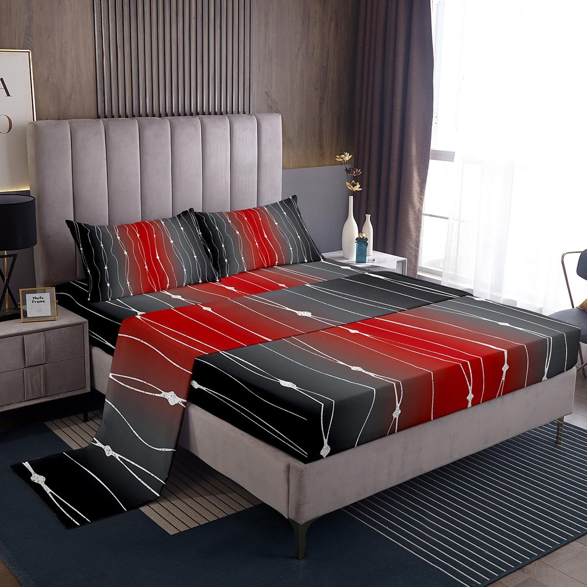 Erosebridal Black and Red Ombre Bed Sheets Set Aesthetic Geometric Queen Size Sheet Sets, Dots and Wave Stripe Sheets Watercolor Gradient Bed Set,