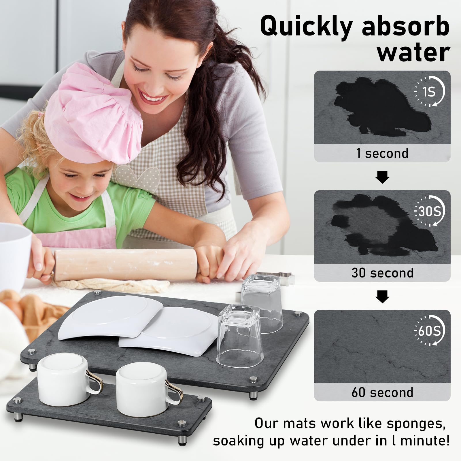 Stone Drying Mat for Kitchen Counter With Sink Caddy - Quick Dry Diatomaceous Earth Dish Mat, Ultra Absorbent Kitchen Tray