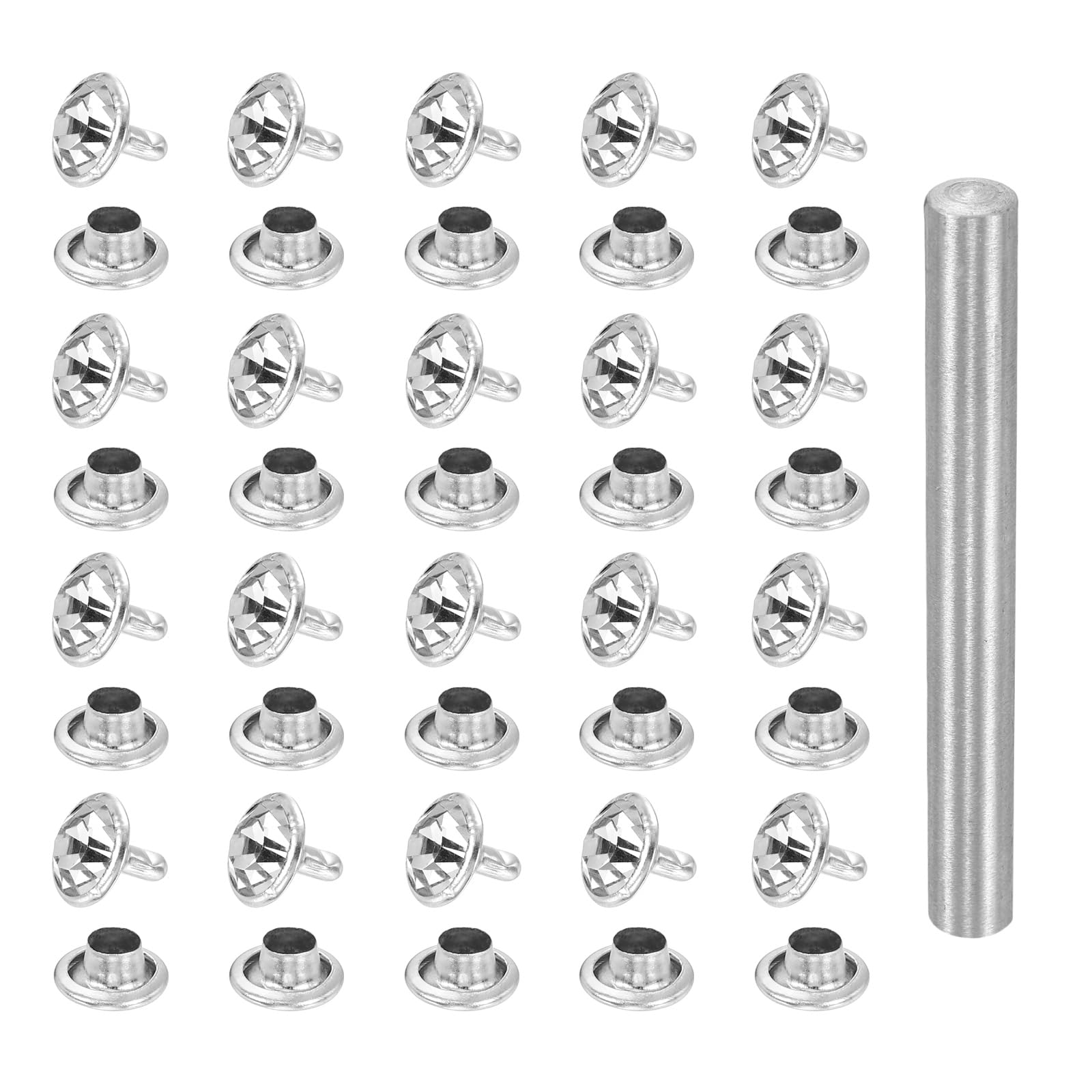 sourcing map 100pcs Crystal Rivets 10mm Rhinestone Rapid Stud Rivets with Steel Installation Tool for Clothing Leather Fabric Arts Crafts Decoration Leathercraft DIY, Silver Clear
