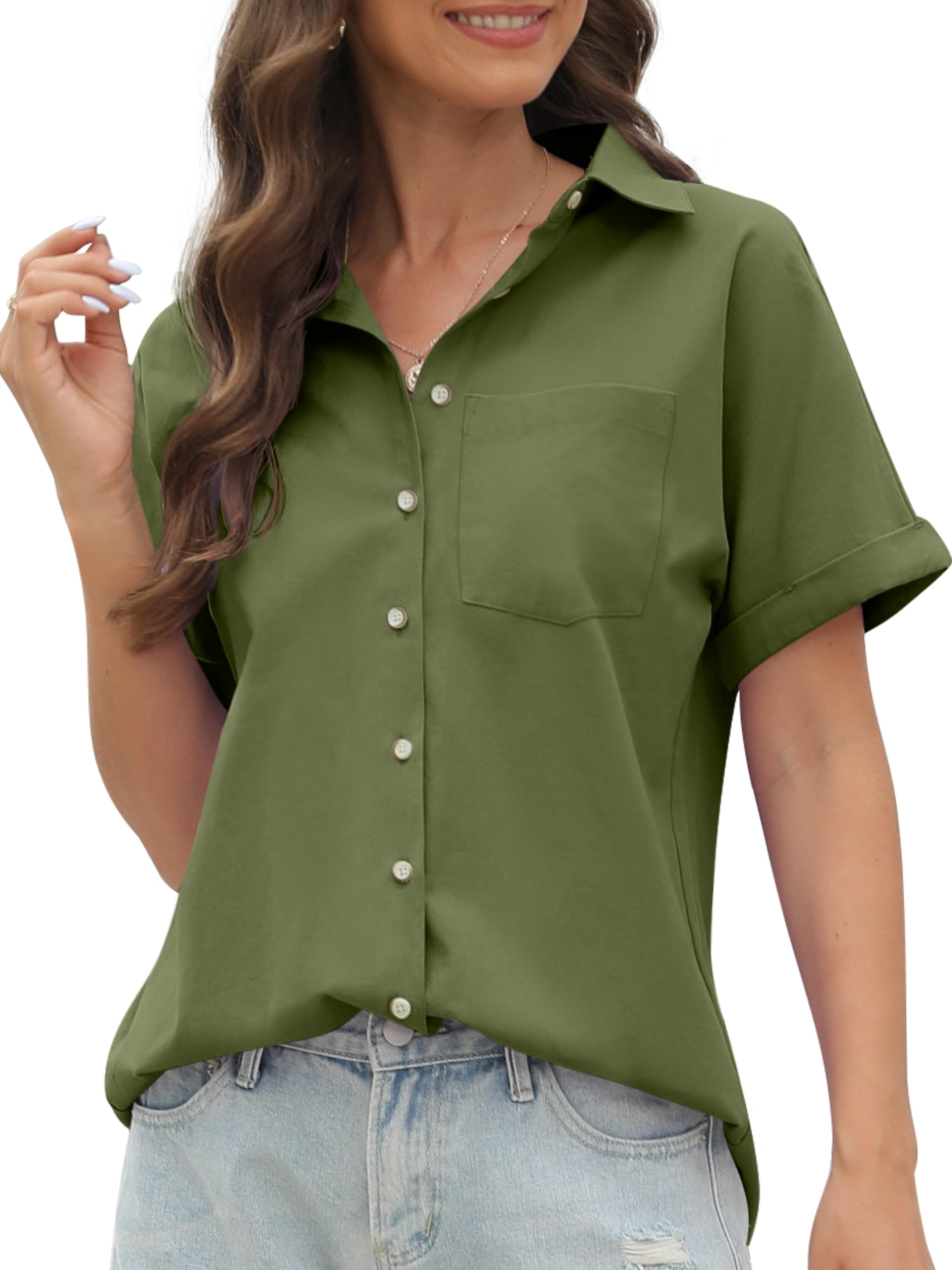 CUNLIN 100% Cotton Short Sleeve Shirts for Women Button Down Shirt Womens Blouses Casual Summer Tops with Pockets