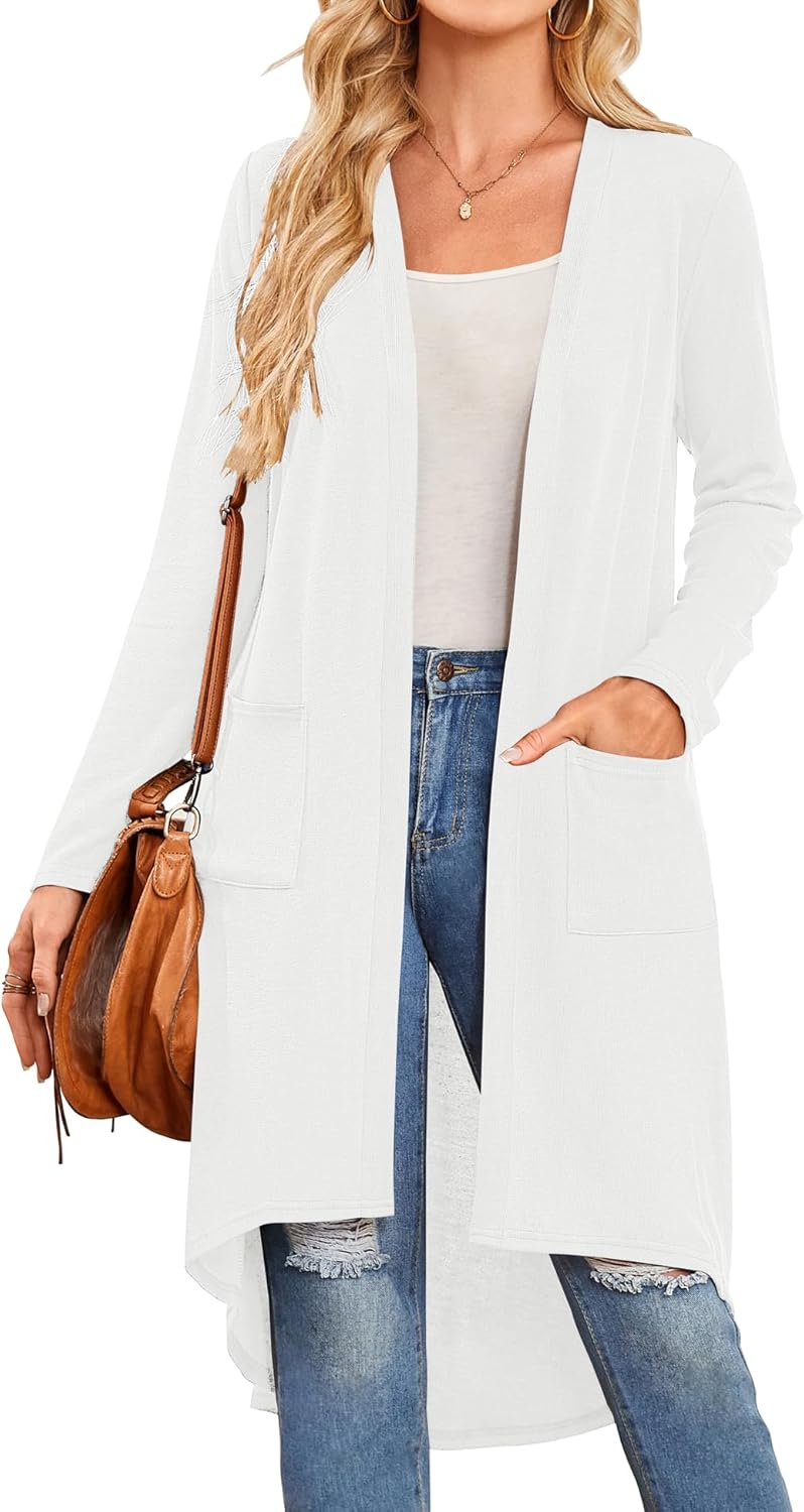 Bluetime Women Open Front Long Cardigan Lightweight Long Sleeve High Low Hem Maxi Duster with Pockets (S-3XL)