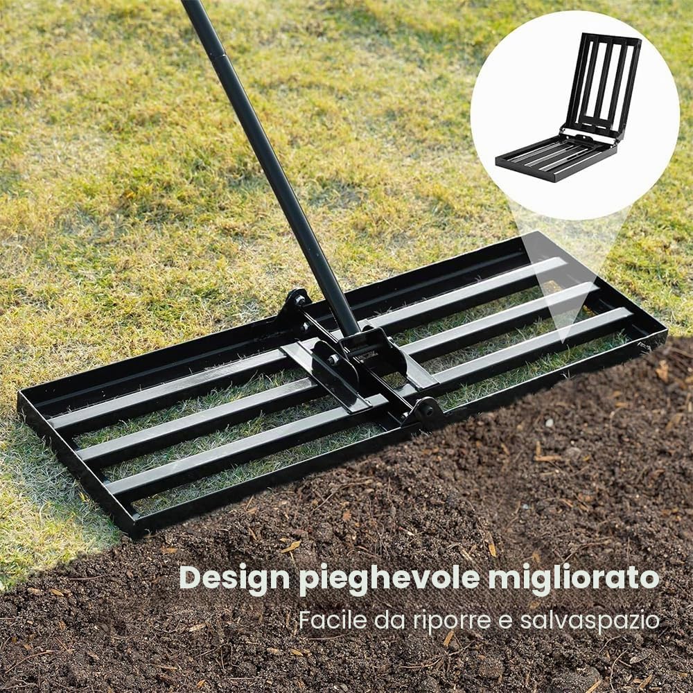 Rastrello per livellamento del prato, 76 x 25 cm, con stelo, rastrello per livellamento prato, piastra pieghevole per prato, per livellare prato, sabbia/terreno per il campo da golf da giardino.