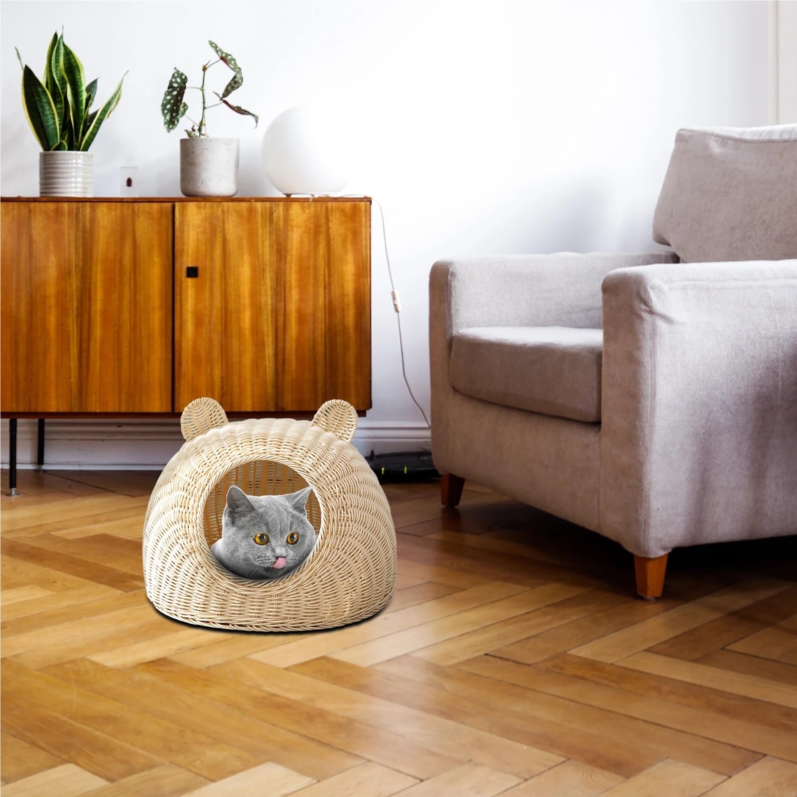 Cuccia rattan intrecciata, nascondiglio semichiuso, per gattini