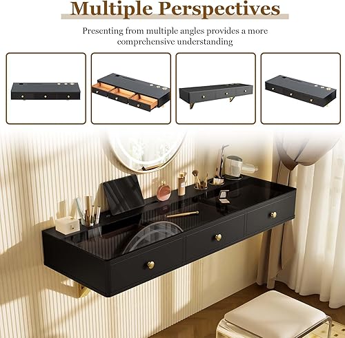 Miniatura 7 de Tocador de maquillaje blanco flotante con espejo LED y almacenamiento, escritorio de tocador montado en la pared para espacios pequeños, dormitorio