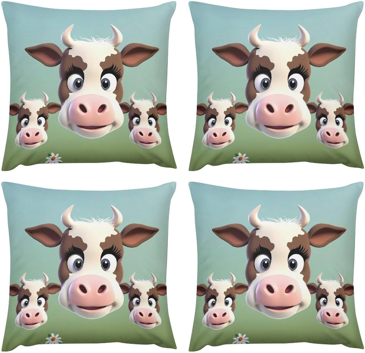 Zippered Pillow Cover, Pillow Protector, Cute Cow Printed Pillow Cover of 4, Pillow Not Included