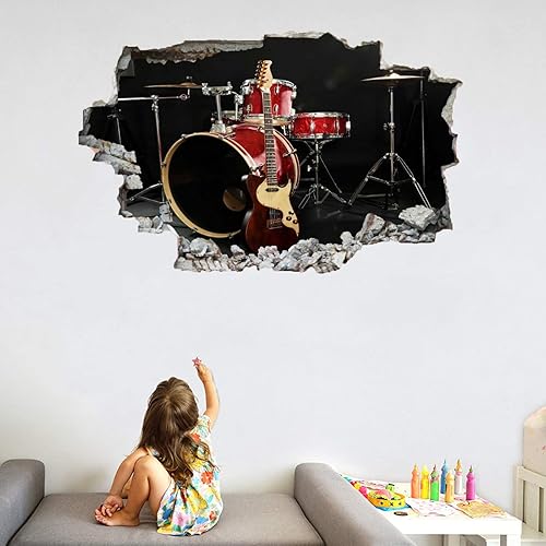 Miniatura 2 de Calcomanías de pared de guitarra, arte de tambores aplastados 3D, calcomanías de pared extraíbles, mural de pared musical, dormitorio, vinilo