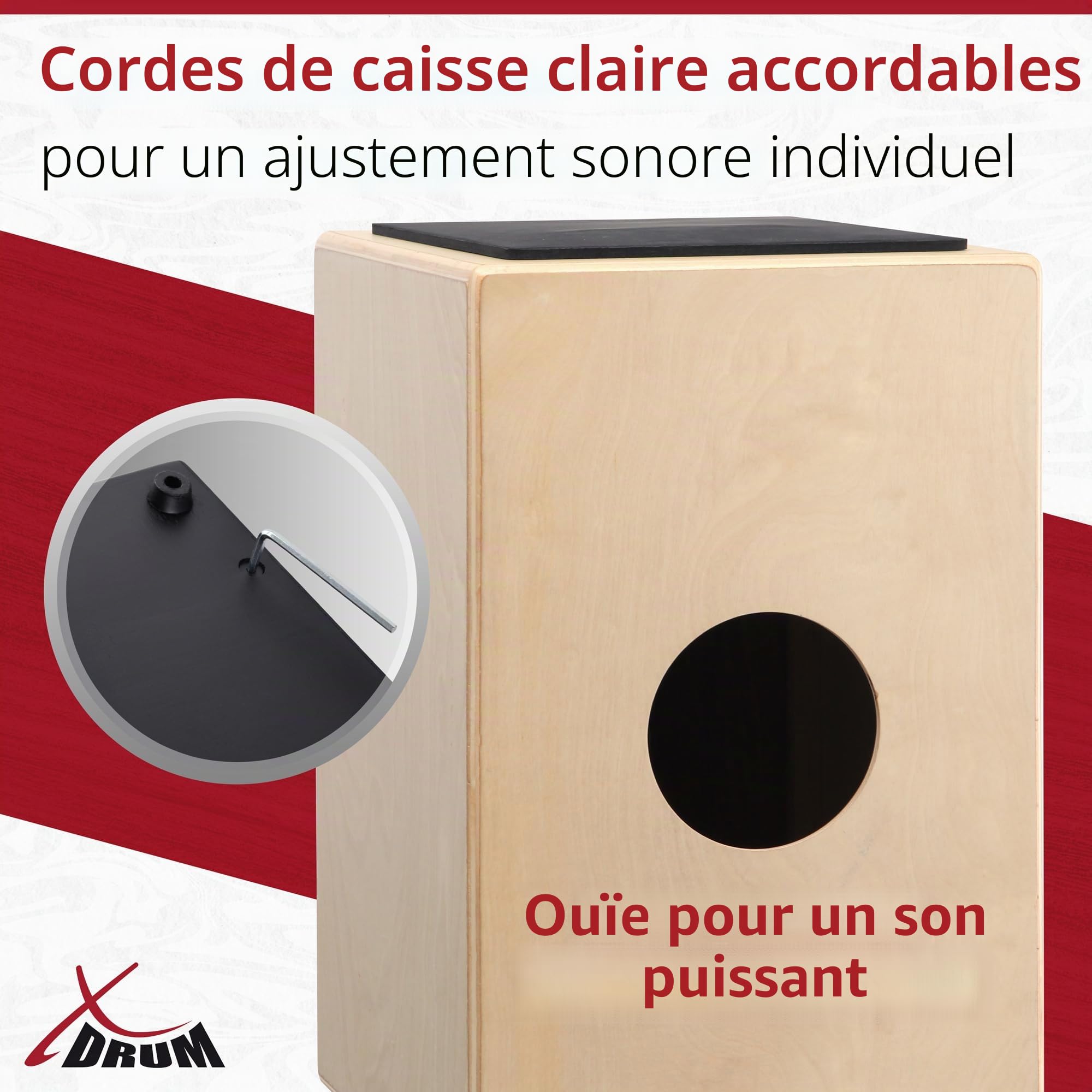 XDrum Cajon Primero Naturel incl. école de cajon et sac, Corps: tilleul | Surface de frappe: tilleul, Face avant vissée, Construction afro-péruvienne, Trou de son à l’arrière, Poids: 3, 9 kg