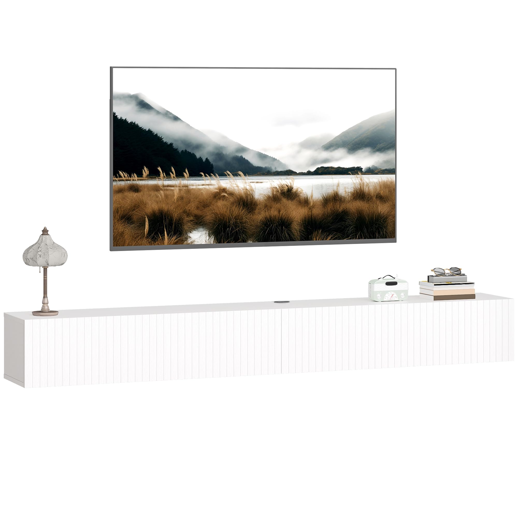 HOMCOM Meuble TV Suspendu 180 cm pour Téléviseur 72 Pouces Blanc | Meuble Télé, 2 Portes Cannelées Rabattables, Banc TV Mural Flottant, Salon, Chambre à Coucher