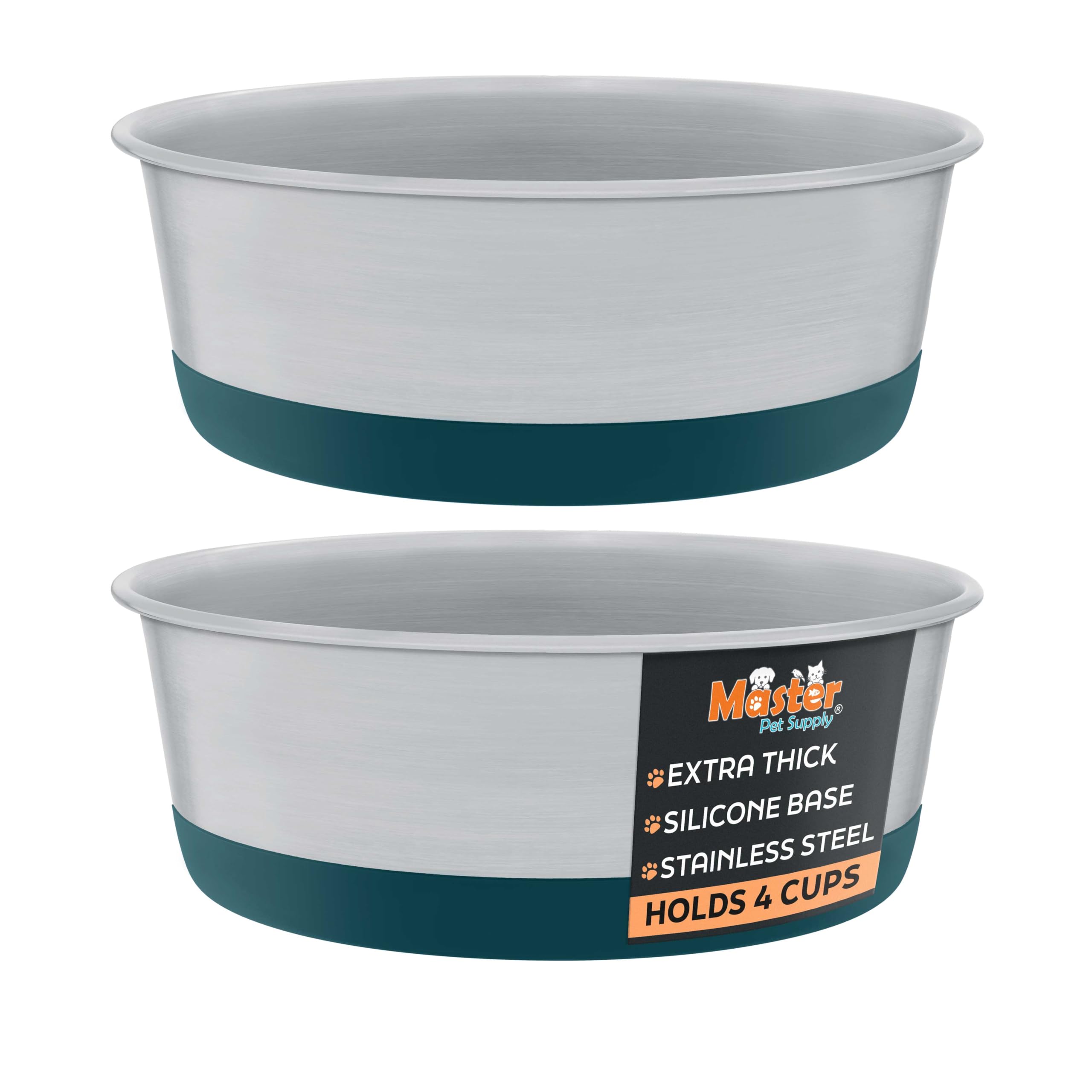 Master Pet Supply Stainless Steel Dog Bowls Set of 2 with Extra Thick Silicone Base - 4 Cup (32 oz) Emerald Sea, Non-Slip, Dishwasher Safe Metal Bowls, Pet Dog Food Bowl for Dogs, Cats, Anti Rust