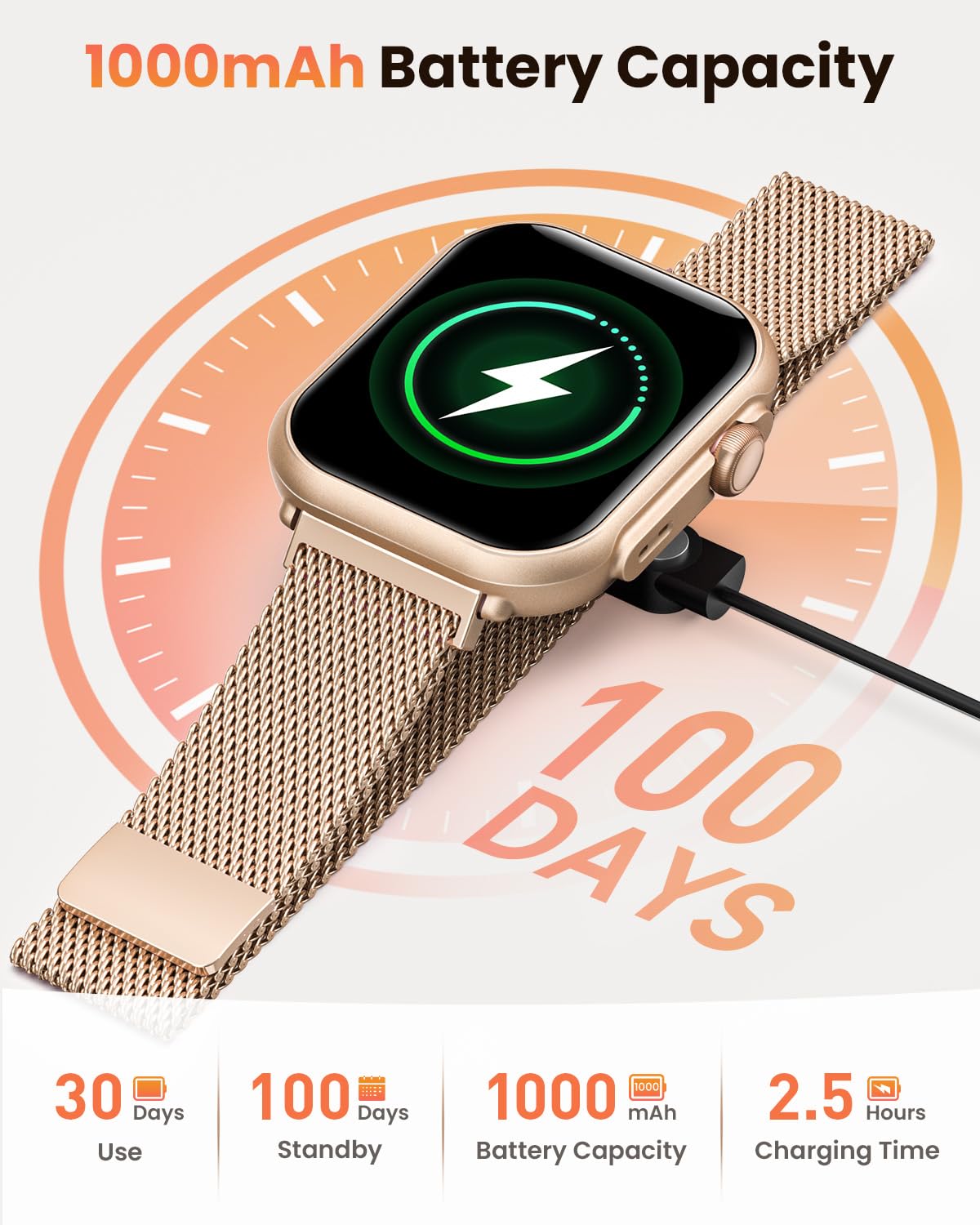 Smartwatch Donna con 100 Giorni, 1000mAh Batteria, 1.83” HD Orologio Fitness con Frequenza Cardiaca, SpO2, Sonno, 120+ Sport Smartwatch con Chiamata, Notifiche Messaggi iOS Android Oro Rosa