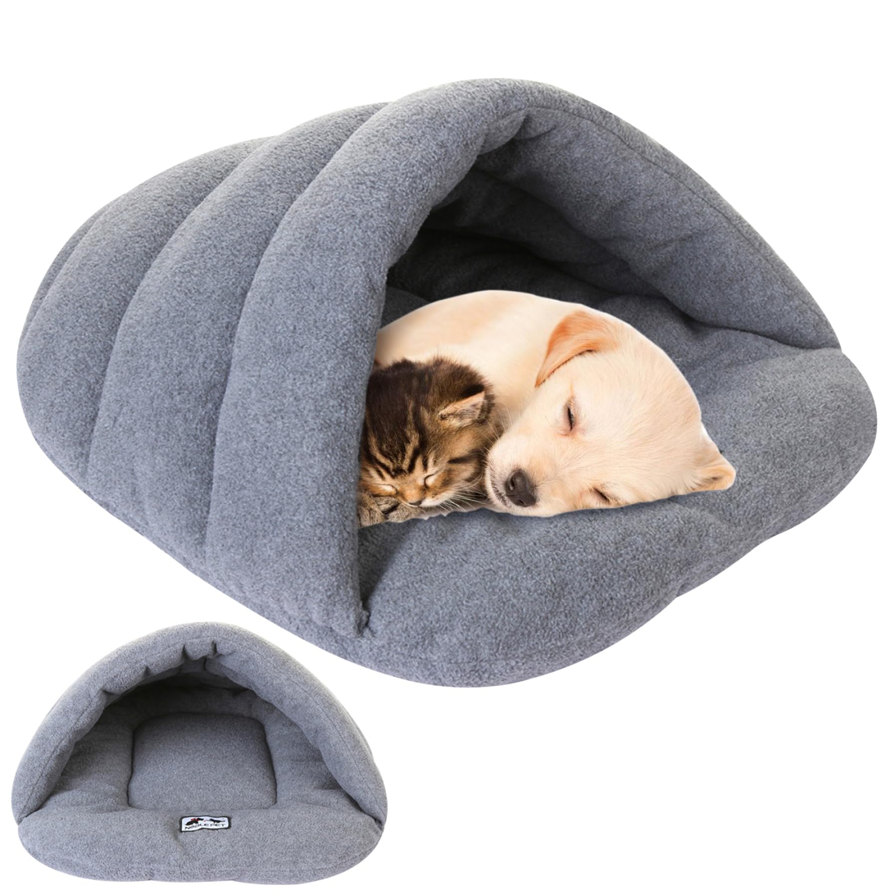Hundebett mit Kapuze, Katze Schlafsack, Winterthermalsbett mit Kapuze, halb bedeckte Hundekatze Höhle, Welpenhöhlenbett, faltbares gemütliches Haustierbett für Katze, Hund, L. Haustier