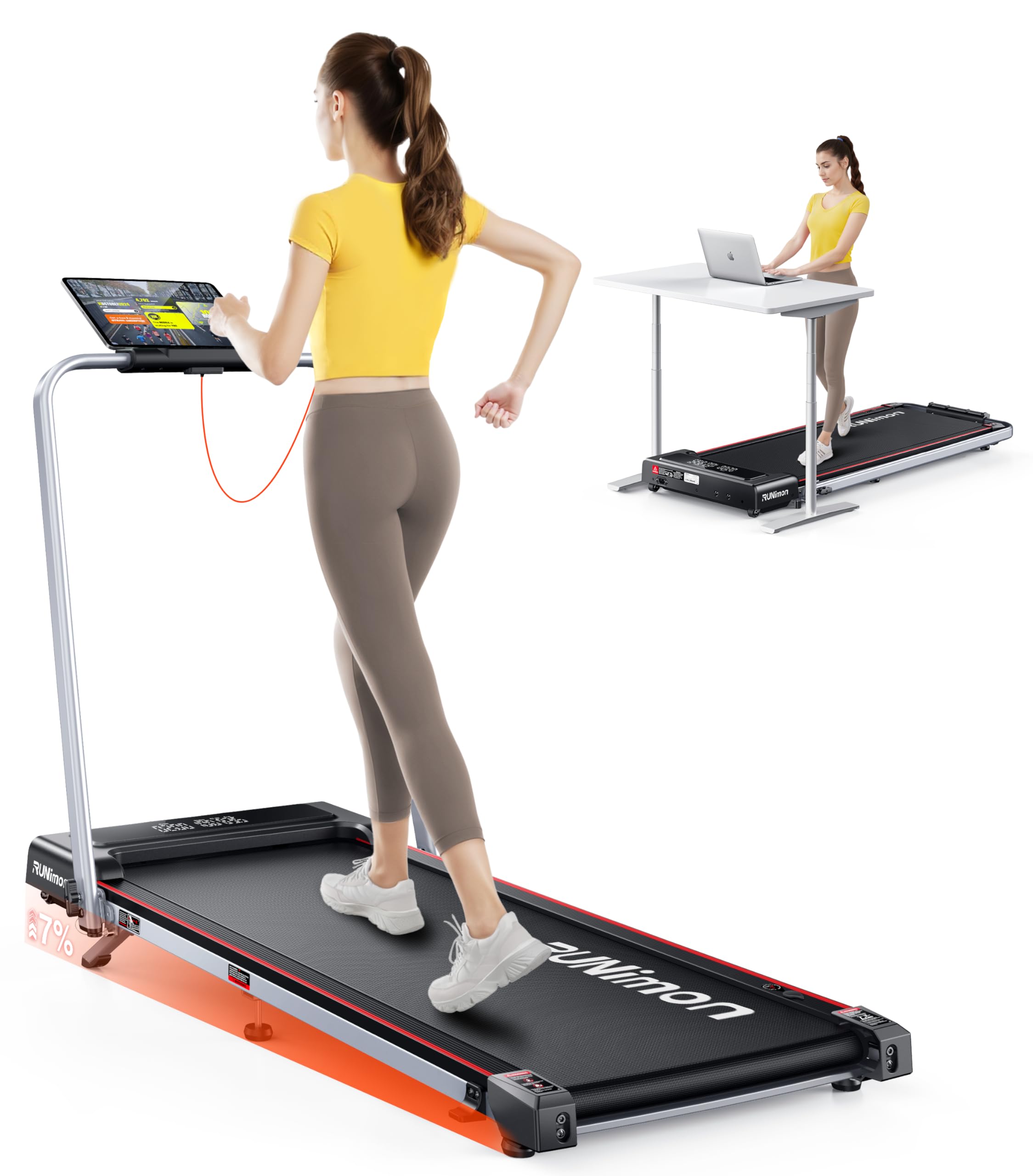 Walking Pad with Incline, RUNIMON 6 in 1 Folding Treadmill for Home & Office,7.5MPH Under Desk Treadmill,Portable Compact Treadmills with Handle,2 -LED Display,Remote&APP Control,No Installation