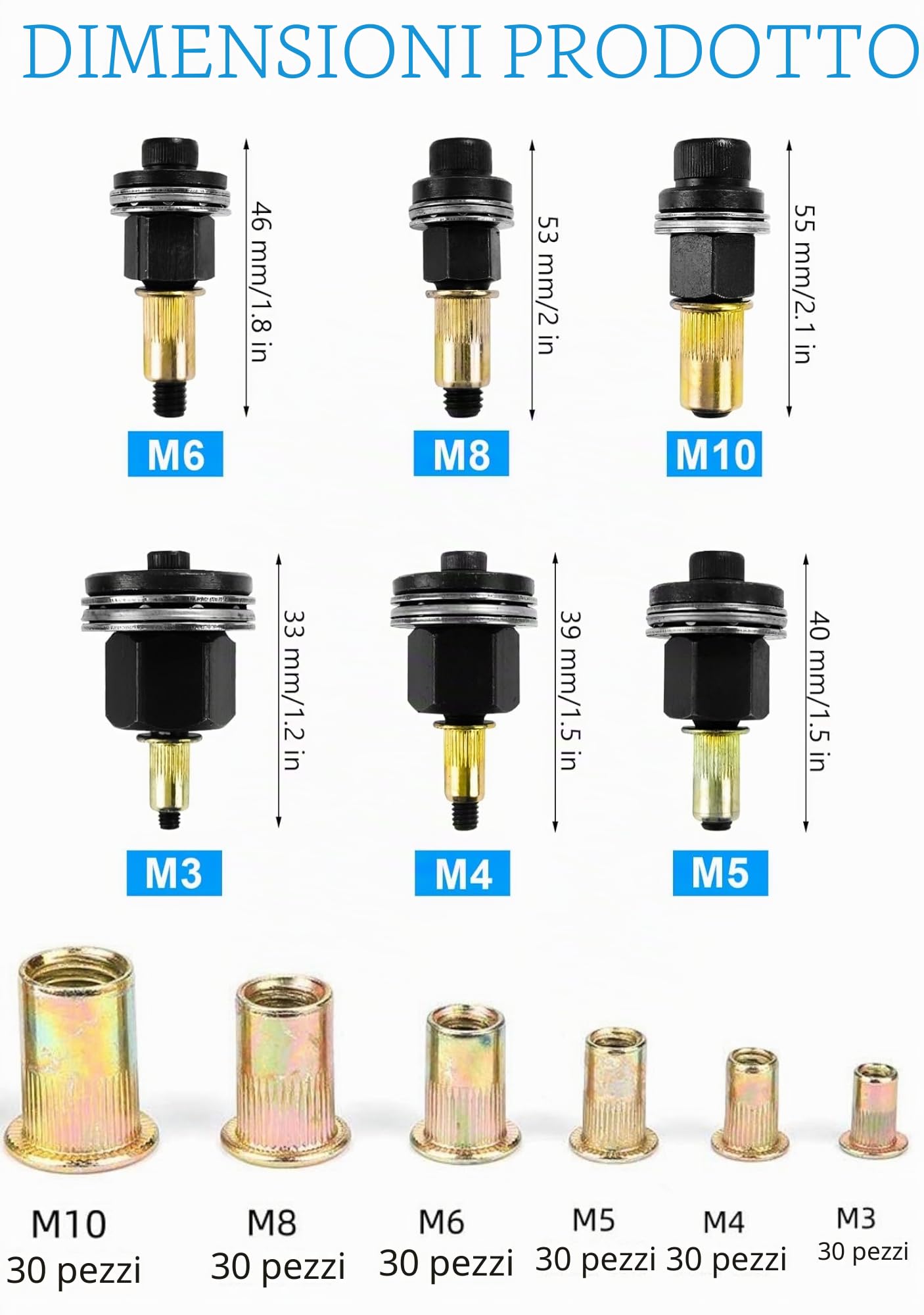 186 pezzi Rivettatrici Manuali di Teste Set, Contiene 180 pezzi ciascuno di dadi M3/M4/M5/M6/M8/M10, Rivettatrice per Inserti Filettati, Mandrino Punte Trapano Metallo per Rivettatrice