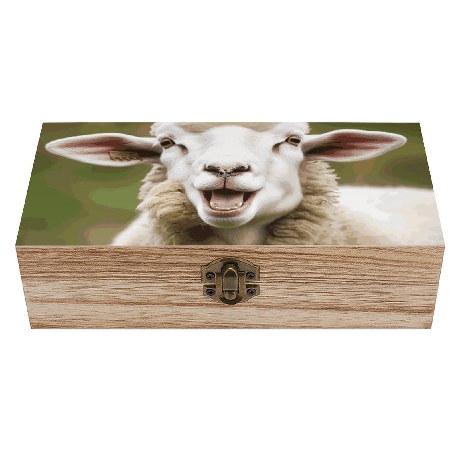 RLDOBOFE Funny Naughty Sheep Tongue Cute Animal Wooden Box Wood Storage Box with Hinged Lid Rectangular Keepsake Boxes Vintage Table Organizer Decorative Container for Gift Packaging Toys Crafts