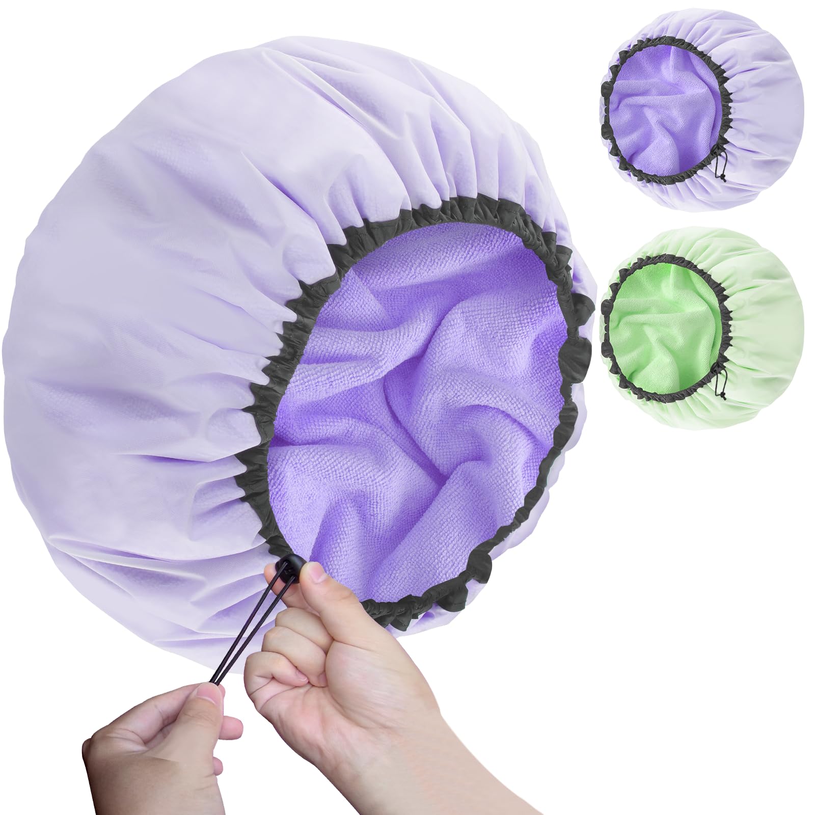 Sheomern 2 Pcs 13.5" Dual Waterproof Design Adjustable Terry Shower Cap for Women and Men, EVA Double Layer Bath Cap Reusable for Braids, Long Hair,