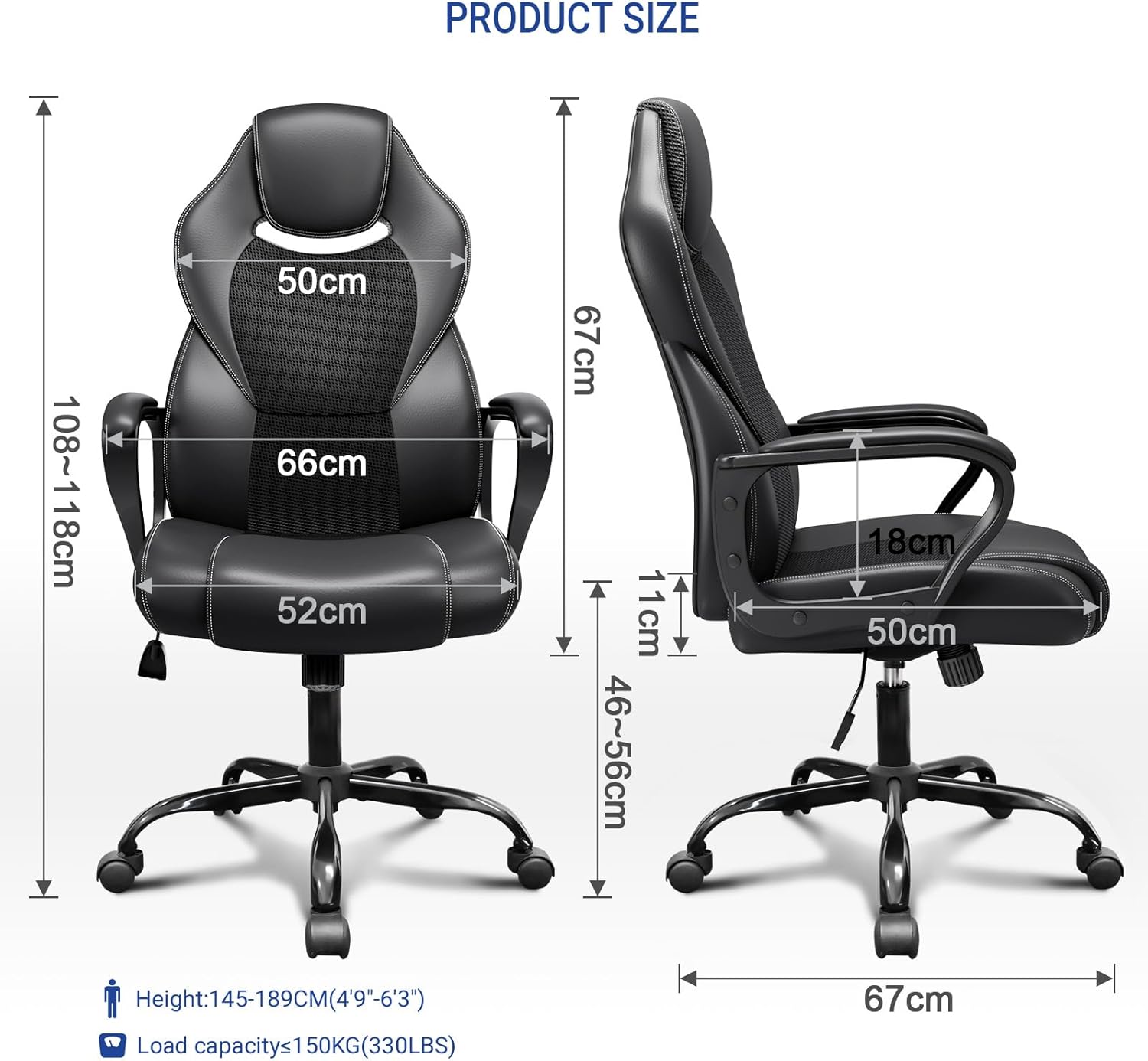 Detailed product dimensions of the BASETBL office chair, showing height, width, and depth measurements.