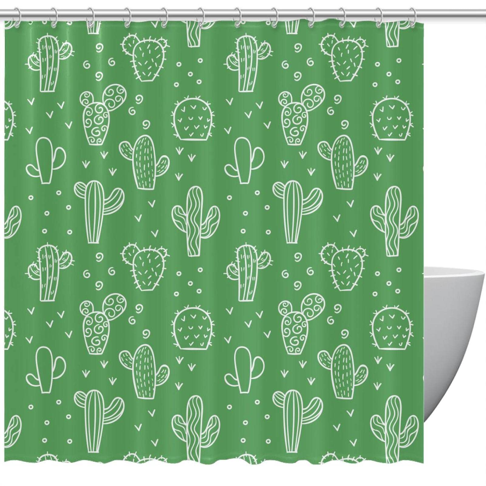 Rideau de douche anti-éclaboussures motif cactus vert et blanc pour protéger la salle de bain