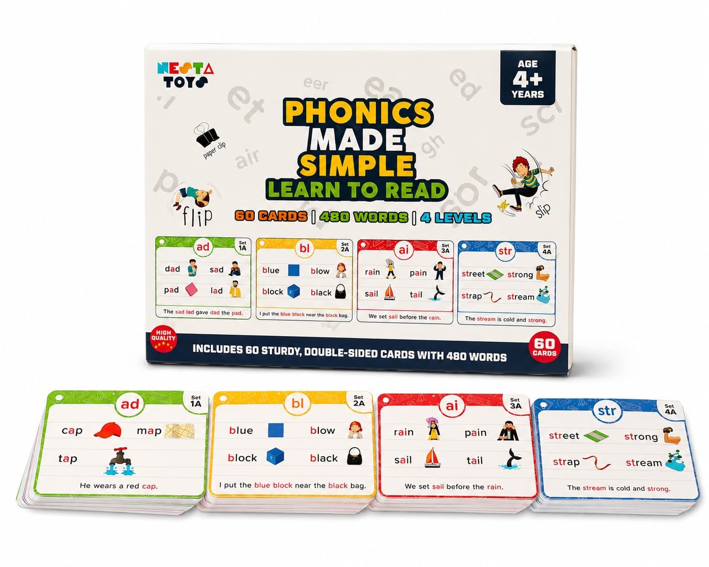 nesta toys - large phonics flash cards | learn to read, 480+ words - digraphs, cvc blends, long vowel sounds - games for kids ages 4, 5, 6, 7, 8 | homeschool educational study activity