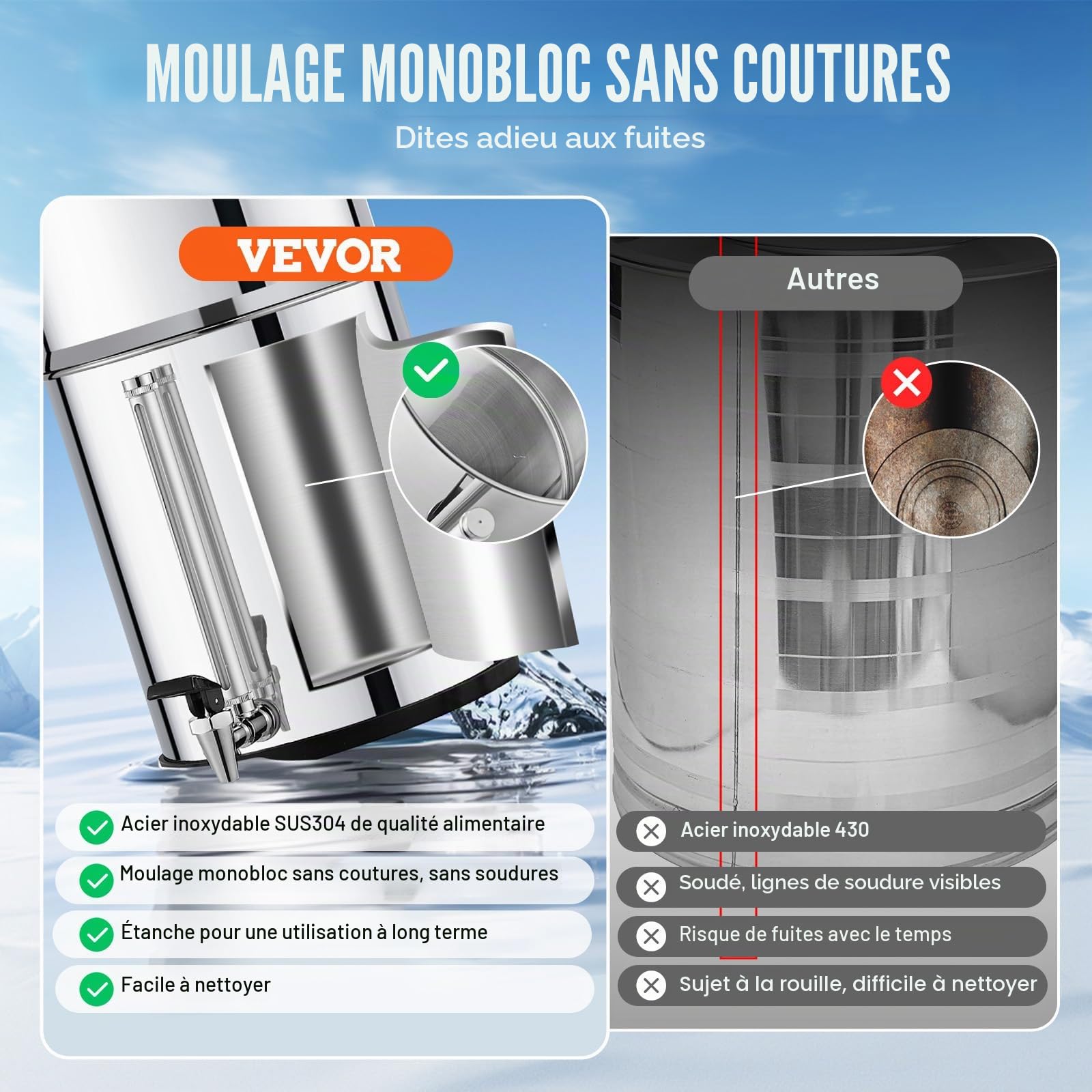 VEVOR Système de Filtration d'Eau par Gravité 8,5 L, Filtre à Eau par Gravité Réduction du Plomb et jusqu'à 99% du Chlore, en Inox 304, avec 2 Filtres à Charbon, Robinet et Niveau d’Eau, Camping