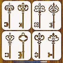FINGERINSPIRE 4Pcs Vintage Key Stencils for Painting with Paintbrush 5.9x5.9inch Retro Keys Patterns Stencil Reusable Plastic DIY Stencils Painting Template for Wall Furniture Cards Crafts