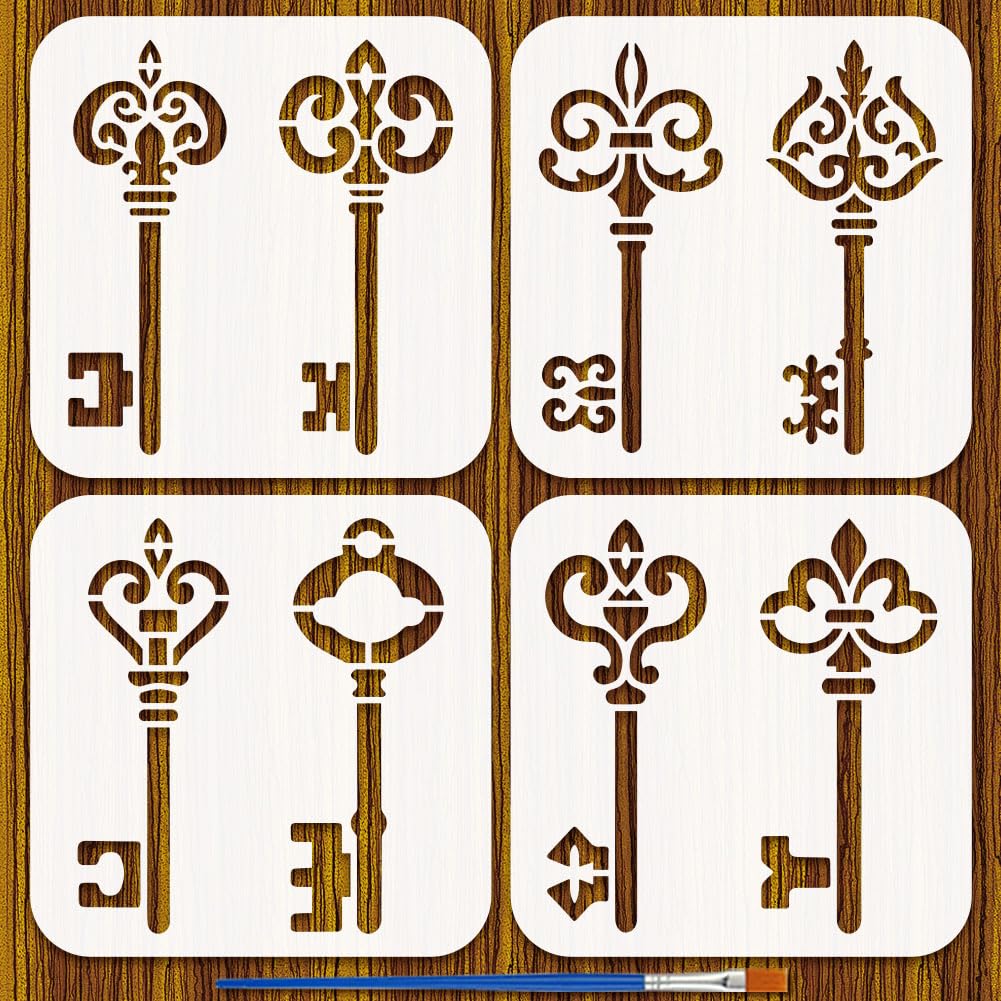 FINGERINSPIRE 4Pcs Vintage Key Stencils for Painting with Paintbrush 15x15cm Retro Keys Patterns Stencil Reusable Plastic DIY Stencils Painting Template for Wall, Furniture, Cards, Crafts