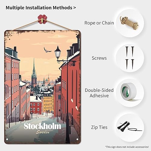 Miniatura 3 de Stockholm, Sweden Cityscape Illustration Vintage City Landscape Metal Tin Sign, Retro Travel Tin Signs Posters For Man Cave Bar Garage Car Room