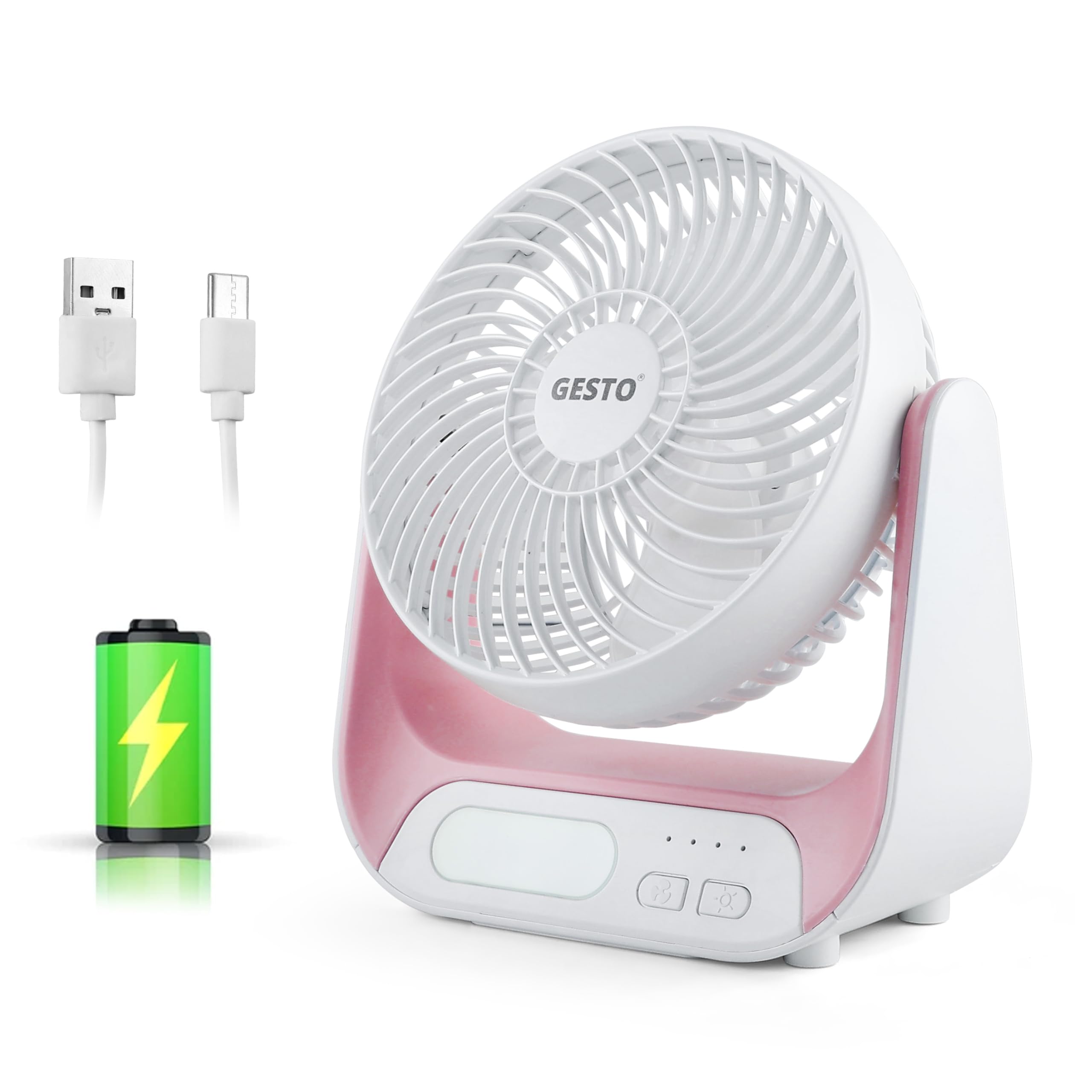 Gesto 7.4 Inch High Speed Rechargeable Table Fan for Home – USB Charging Battery Fan With Led Light | 2400mAh Battery, Upto 8 Hours Runtime | 3 Speed Modes Portable fan for Home, Office,Kitchen-Pink