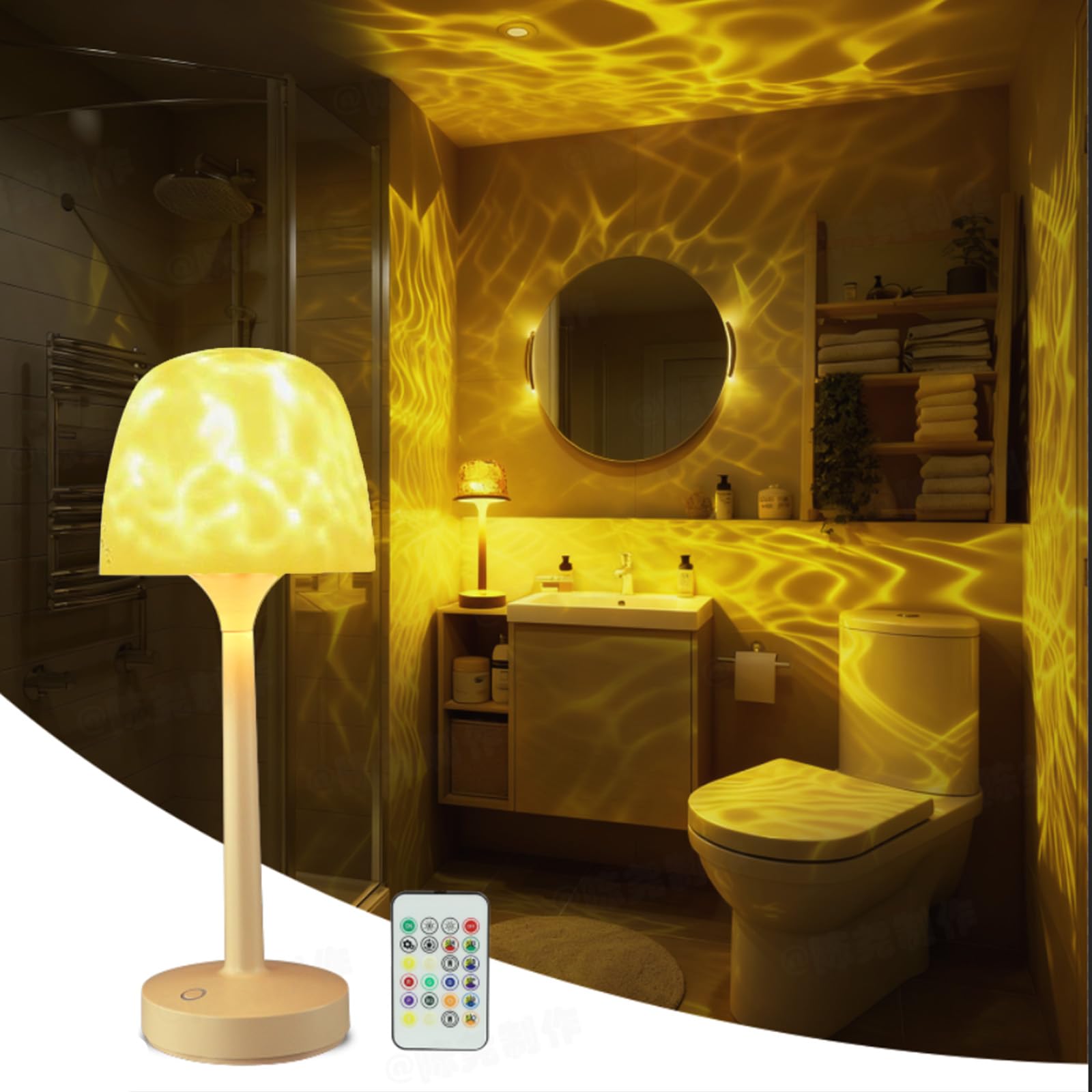 Lámpara de ducha inalámbrica, lámpara de mesita de noche, luz de proyector táctil de olas oceánicas, temperatura de color de 3 vías, luz de 16 colores cambiantes, regulable, luces nocturnas