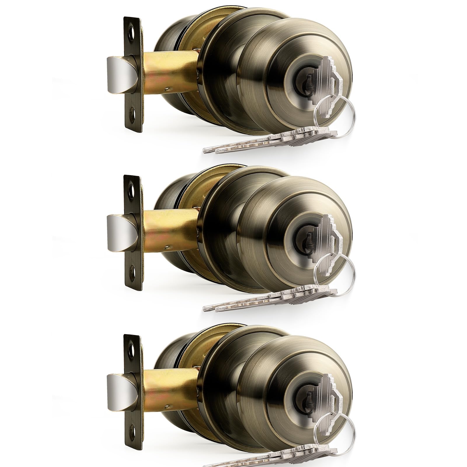 Probrico Antique Brass Door Knobs with Lock and Same Key, Keyed Entry Door Locks for Exterior Interior Doors 3 Pack