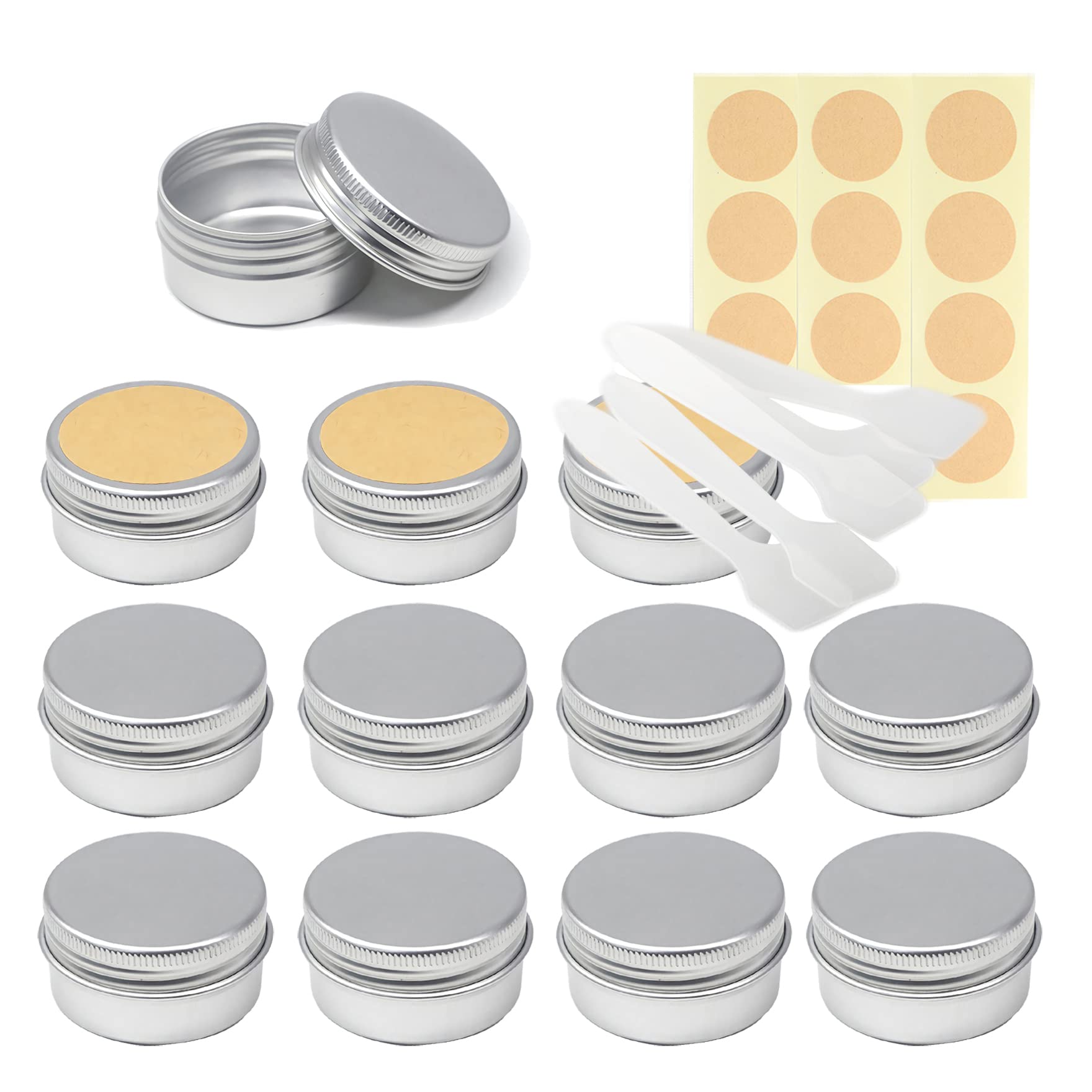 LusDoly Pack of 30 Empty 30ml Silver Aluminium Tins with Lids - Ø47x25mm Aluminum Screw Pots Travel Round Cosmetic Cream Jars Container for Candle Lip Balm, Salve, with Labels & Spatulas